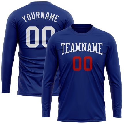 Custom Long Sleeve Performance T-Shirt in Royal White and Red Custom Royal White-Red Long Sleeve Performance T-Shirt