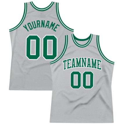 Silver Gray Custom Basketball Jersey - Kelly Green and White Authentic Throwback Design Custom Silver Gray Kelly Green-White