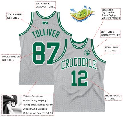 Silver Gray Custom Basketball Jersey - Kelly Green and White Authentic Throwback Design Custom Silver Gray Kelly Green-White