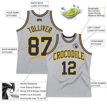 Authentic Custom Silver Gray Navy Gold Basketball Jersey - Throwback Style Custom Silver Gray Navy-Gold Authentic Throwback