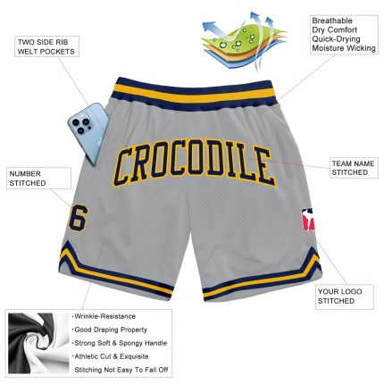 Custom Silver Gray Navy Gold Basketball Shorts - Authentic Throwback Style Custom Silver Gray Navy-Gold Authentic Throwback