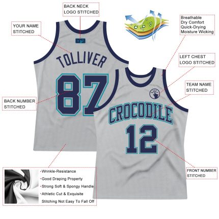 Custom Silver Gray Navy Teal Basketball Jersey Authentic Throwback Custom Silver Gray Navy-Teal Authentic Throwback Basketball