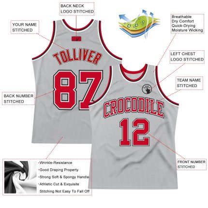 Authentic Custom Basketball Jersey in Silver Gray Red-Black, Style 4739 Custom Silver Gray Red-Black Authentic Throwback