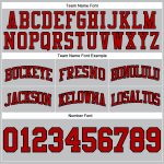 Custom red, black and silver gray throwback retro basketball shorts, detail of the printed panel