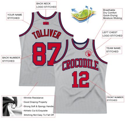 Custom Basketball Jersey - Authentic Throwback Silver Gray Red-Navy Design Custom Silver Gray Red-Navy Authentic Throwback