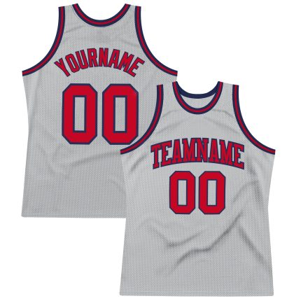 Custom Basketball Jersey - Authentic Throwback Silver Gray Red-Navy Design Custom Silver Gray Red-Navy Authentic Throwback