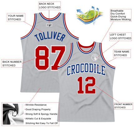 Red-Royal Silver Gray Custom Authentic Basketball Jersey - Throwback Style Custom Silver Gray Red-Royal Authentic Throwback