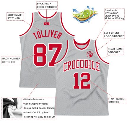 Custom Silver Gray Red-White Basketball Jersey | Authentic Throwback Design Custom Silver Gray Red-White Authentic Throwback