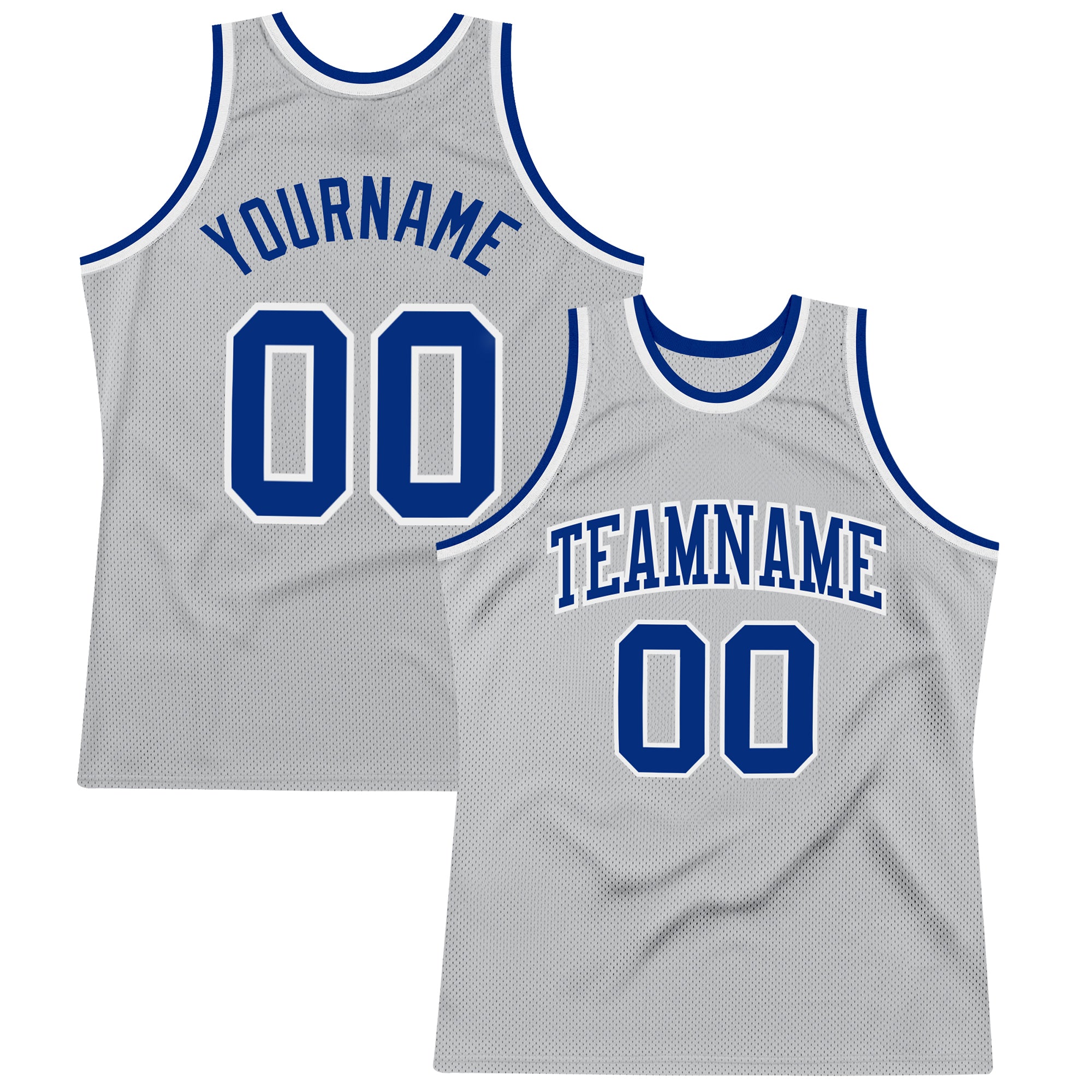 Custom silver gray, royal and white throwback basketball jersey