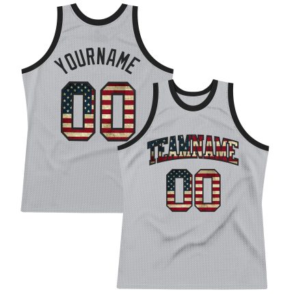 Custom Silver Gray Vintage USA Flag Basketball Jersey - Black Authentic Throwback Design Custom Silver Gray Vintage USA Flag-Black