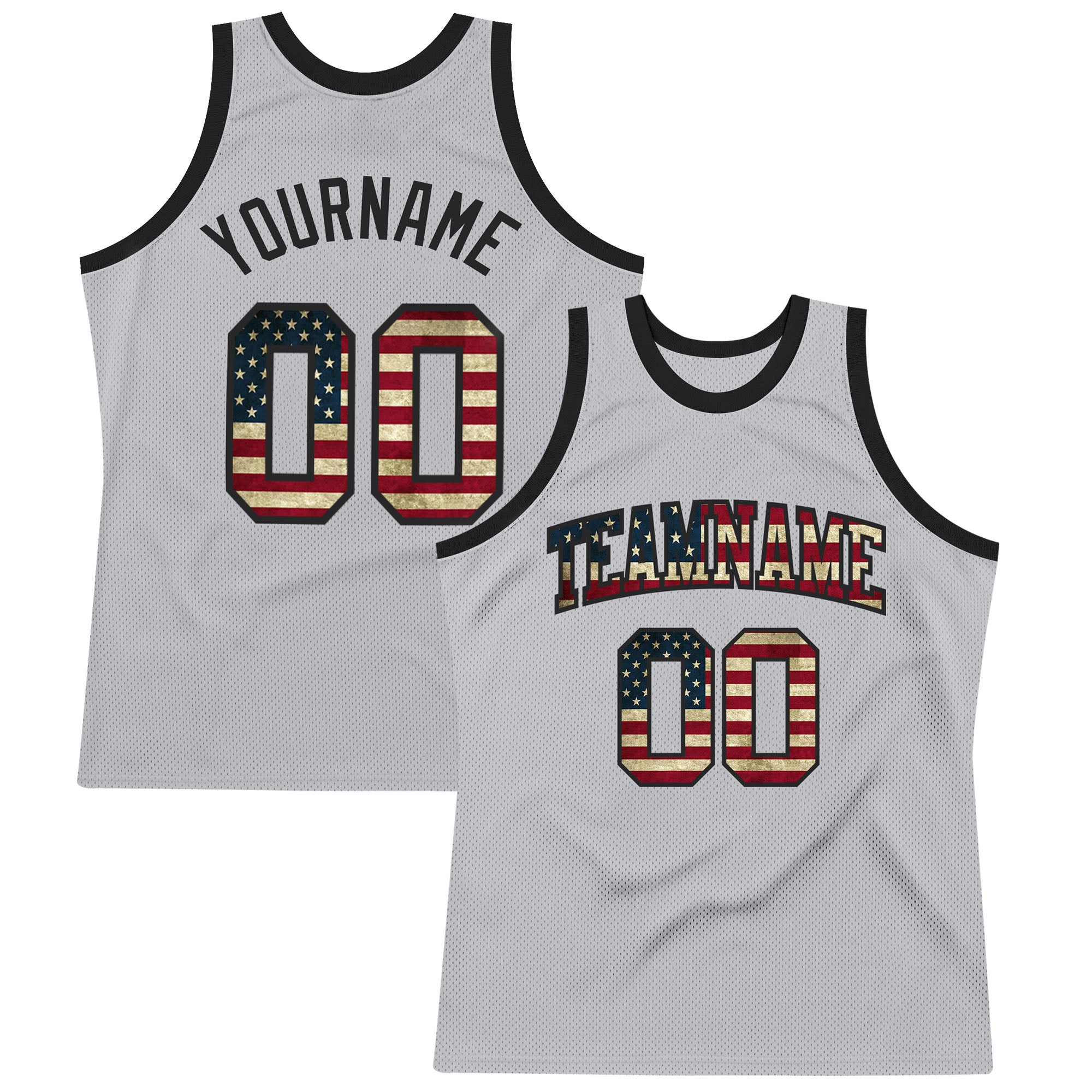 Custom Silver Gray Vintage USA Flag Basketball Jersey - Black Authentic Throwback Design Custom Silver Gray Vintage USA Flag-Black