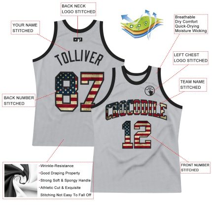 Custom Silver Gray Vintage USA Flag Basketball Jersey - Black Authentic Throwback Design Custom Silver Gray Vintage USA Flag-Black