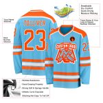 Custom Sky Blue Hockey Jersey - Orange and White Design, Personalized Sports Apparel Custom Sky Blue Orange-White Hockey