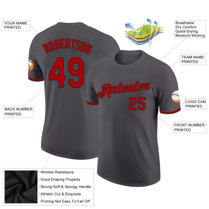 Custom Performance T-Shirt in Steel Gray with Red-Black Accents - High-Quality Athletic Wear Custom Steel Gray Red-Black