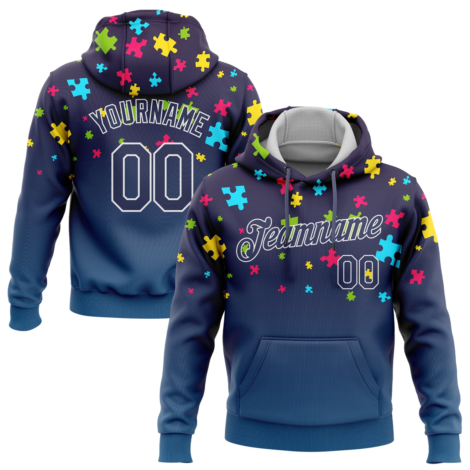 Autism Awareness Puzzle Pieces Pullover Hoodie - Custom Stitched Navy-White 3D Pattern Sports Sweatshirt Custom Stitched