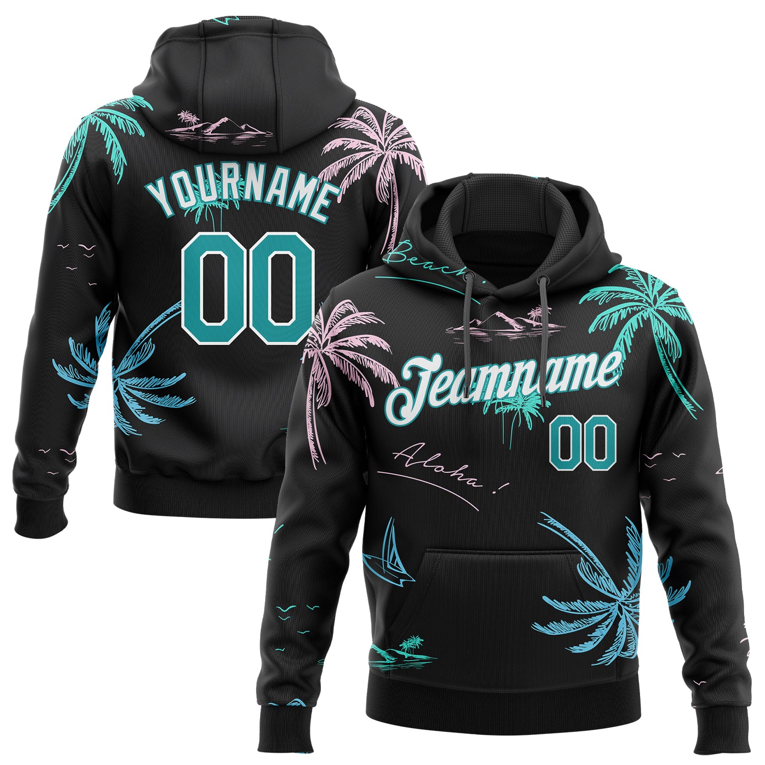 Custom Stitched 3D Palm Trees Design Hoodie - Black Aqua-White Sports Pullover Sweatshirt Custom Stitched Black Aqua-White