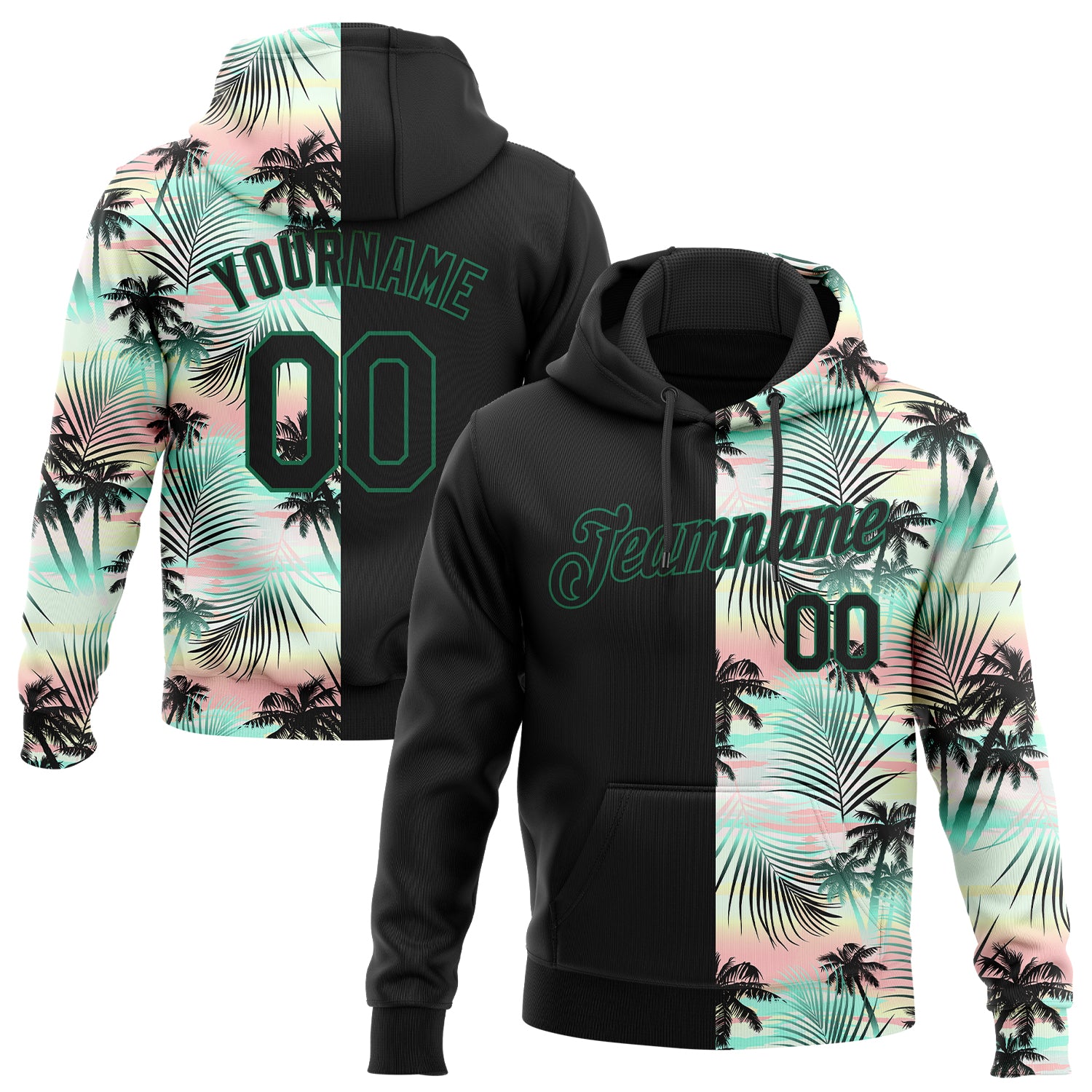 Custom Stitched Black Black-Kelly Green 3D Pattern Design Tropical Palm Leaves Sports Pullover Sweatshirt Hoodie Custom Stitched 3D Tropical Palm Leaves Black Kelly Green Hoodie Sweatshirt Pullover Custom Stitched Black Black-Kelly Green