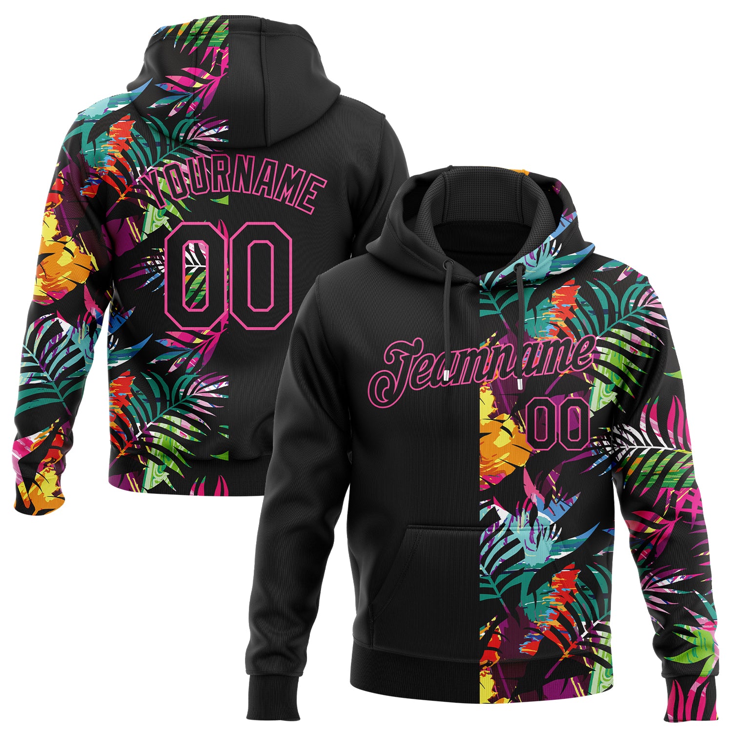 Black Pink Tropical Palm Leaves 3D Pattern Sports Hoodie Custom Stitched Pullover Sweatshirt Custom Stitched Black Black-Pink