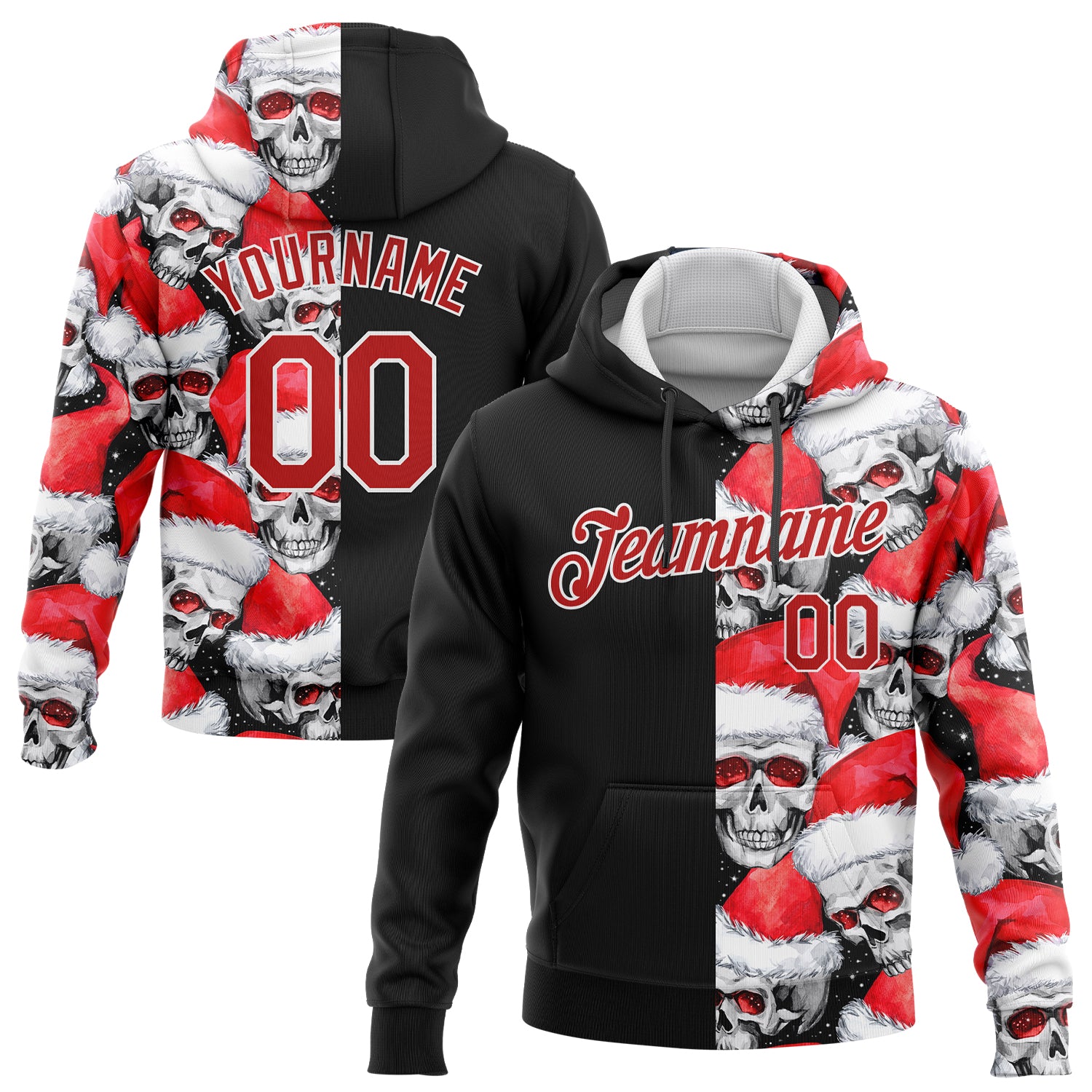 Custom Stitched Black Red-White 3D Skulls And Christmas Santa's Hat Sports Pullover Sweatshirt Hoodie 3D Skull Design Black Red-White Pullover Hoodie with Christmas Santa Hat - Custom Stitched Sports Sweatshirt Custom Stitched