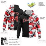 3D Skull Design Black Red-White Pullover Hoodie with Christmas Santa Hat - Custom Stitched Sports Sweatshirt Custom Stitched