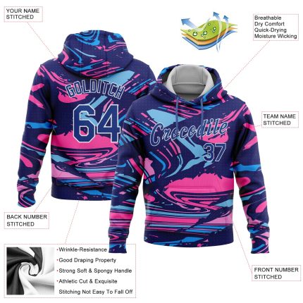 Royal Pink Light Blue-White 3D Pattern Sports Hoodie Custom Stitched Pullover Sweatshirt Custom Stitched Figure Royal Pink