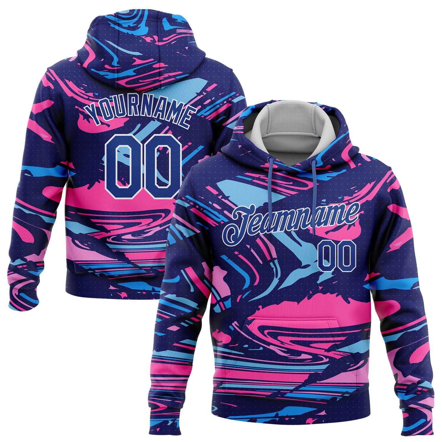 Royal Pink Light Blue-White 3D Pattern Sports Hoodie Custom Stitched Pullover Sweatshirt Custom Stitched Figure Royal Pink