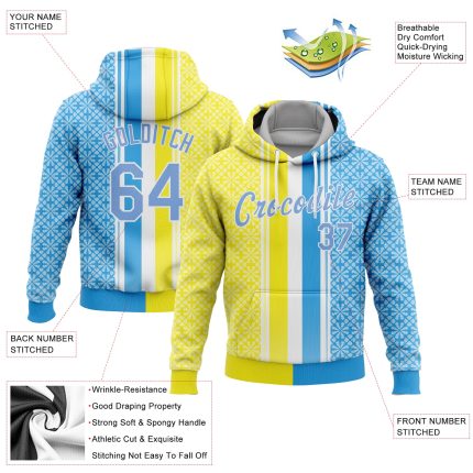 Gold Light Blue White 3D Pattern Design Custom Stitched Sports Hoodie Pullover Sweatshirt Custom Stitched Gold Light Blue-White