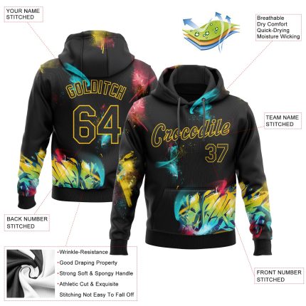 Black Gold 3D Sports Hoodie - Custom Stitched Graffiti Pattern Pullover Sweatshirt Custom Stitched Graffiti Pattern Black-Gold