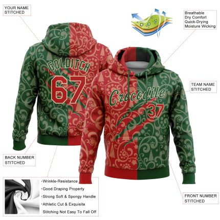 Custom Stitched 3D Christmas Hoodie Pullover Sweatshirt in Green Red Cream Custom Stitched Green Red-Cream 3D Christmas Sports