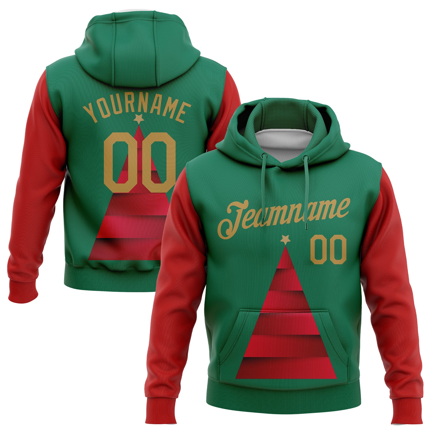 Kelly Green Old Gold-Red 3D Christmas Tree Sports Hoodie Pullover Sweatshirt - Custom Stitched Design Custom Stitched Kelly