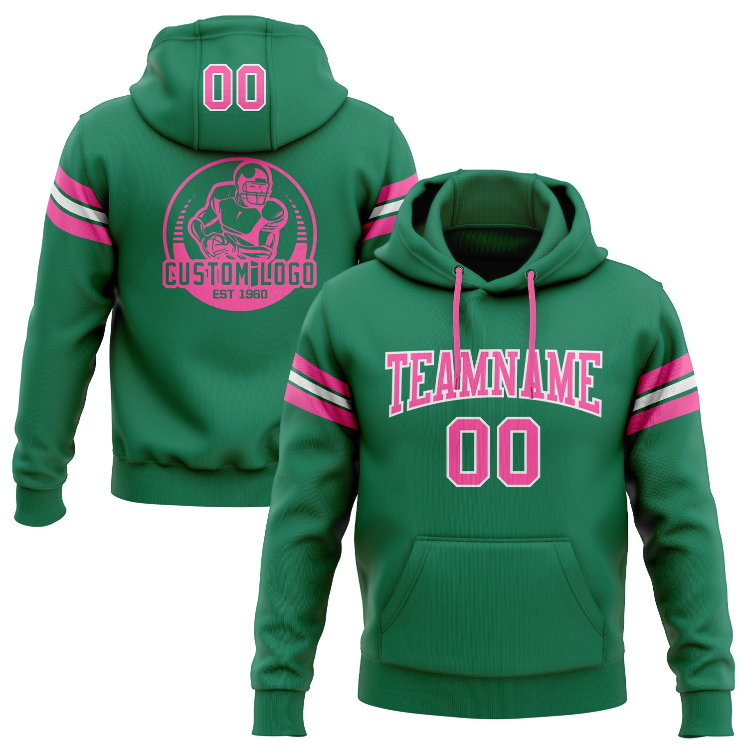 Custom Stitched Kelly Green Pink White Hoodie Pullover Sweatshirt for Football Fans Custom Stitched Kelly Green Pink-White