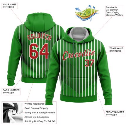 Custom Stitched 3D Pattern Green Red White Sports Hoodie Pullover Sweatshirt Custom Stitched Kelly Green Red Green-White