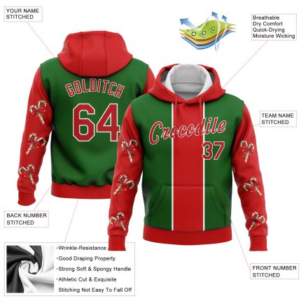 Christmas Candy Canes Hoodie Pullover Sweatshirt, Custom Stitched Kelly Green Red-White 3D Design Custom Stitched Kelly Green