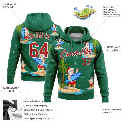 3D Tropical Christmas Surfing Santas Hoodie - Custom Stitched Kelly Green Red-White Sports Pullover Sweatshirt Custom Stitched