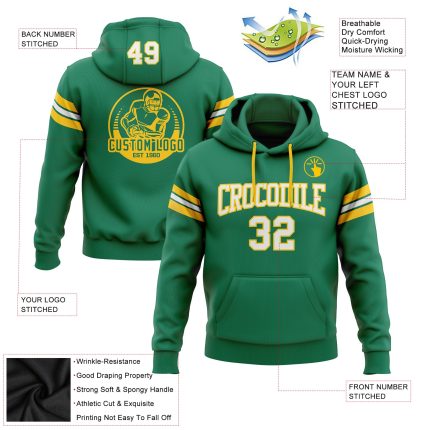 Kelly Green White Gold Custom Sweatshirt Hoodie - Stitched Pullover Football Apparel Custom Stitched Kelly Green White-Gold