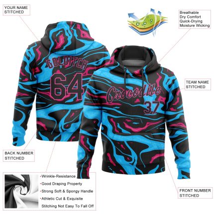 Light Blue Black-Pink 3D Pattern Sports Hoodie Sweatshirt - Custom Stitched Pullover Custom Stitched Light Blue Black-Pink