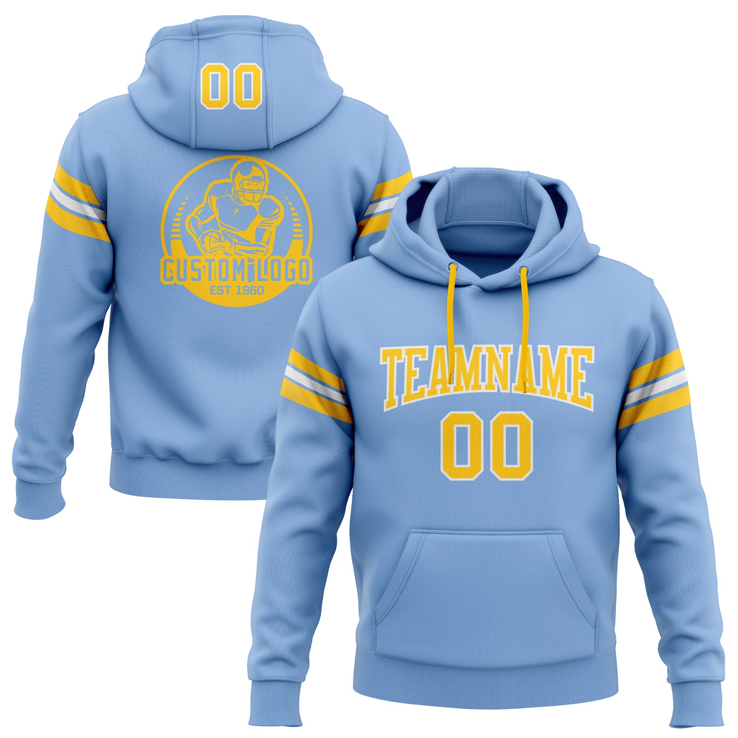 Light Blue Gold White Football Hoodie Custom Stitched Pullover Sweatshirt Custom Stitched Light Blue Gold-White Football