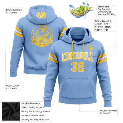 Light Blue Gold White Football Hoodie Custom Stitched Pullover Sweatshirt Custom Stitched Light Blue Gold-White Football