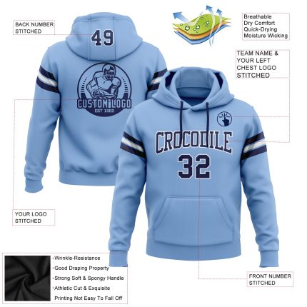 Light Blue Navy-White Custom Stitched Hoodie Pullover Sweatshirt for Football Fans Custom Stitched Light Blue Navy-White