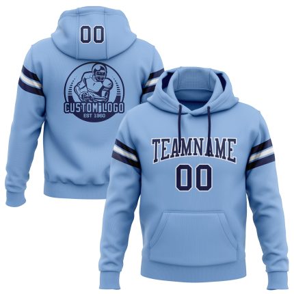 Light Blue Navy-White Custom Stitched Hoodie Pullover Sweatshirt for Football Fans Custom Stitched Light Blue Navy-White