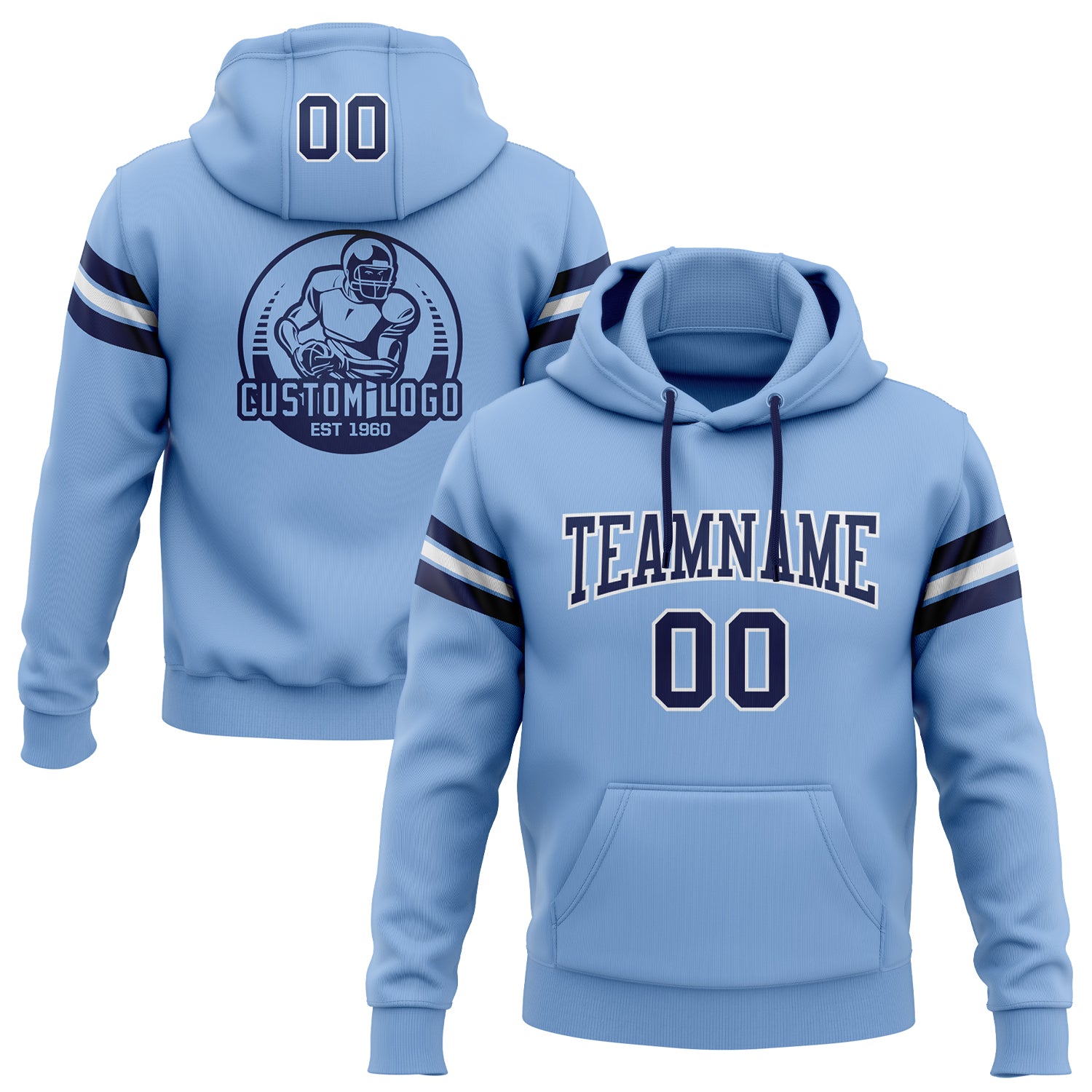 Custom Stitched Light Blue Navy-White Football Pullover Sweatshirt Hoodie Light Blue Navy-White Custom Stitched Hoodie Pullover Sweatshirt for Football Fans Custom Stitched Light Blue Navy-White