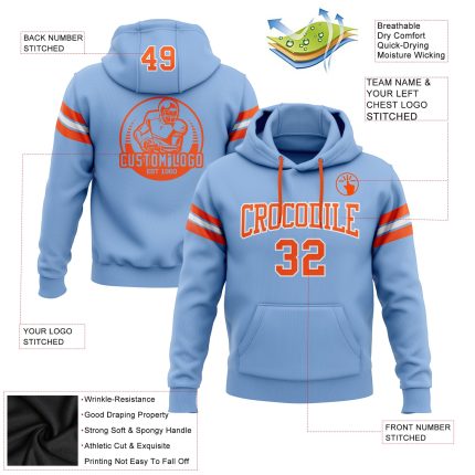Light Blue Orange-White Custom Hoodie Sweatshirt Pullover for Football Fans Custom Stitched Light Blue Orange-White Football