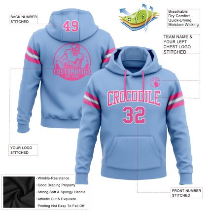 Light Blue Pink White Football Hoodie Custom Stitched Pullover Sweatshirt Custom Stitched Light Blue Pink-White Football