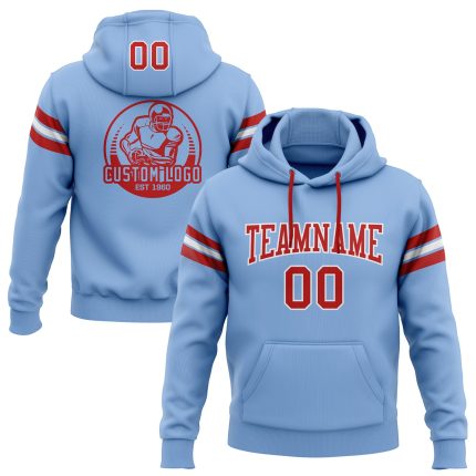 Light Blue Red-White Custom Football Hoodie Pullover Sweatshirt for Men/Women Custom Stitched Light Blue Red-White Football