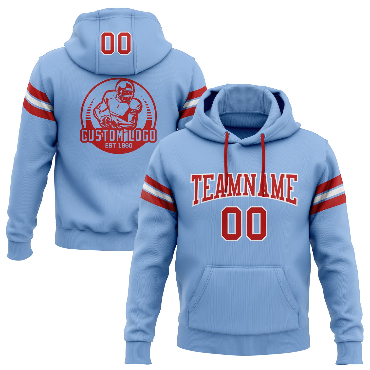 Light Blue Red-White Custom Football Hoodie Pullover Sweatshirt for Men/Women Custom Stitched Light Blue Red-White Football