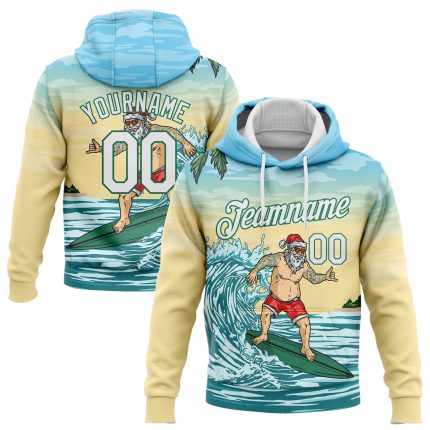 Light Blue White Kelly Green-Gold 3D Tropical Christmas Surfing Santa Pullover Sweatshirt Hoodie Custom Stitched Light Blue