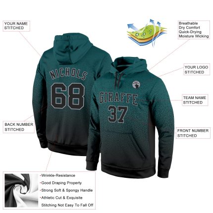 Midnight Green Black-Gray Fade Fashion Sports Hoodie Custom Stitched Pullover Sweatshirt Custom Stitched Midnight Green Black-Gray