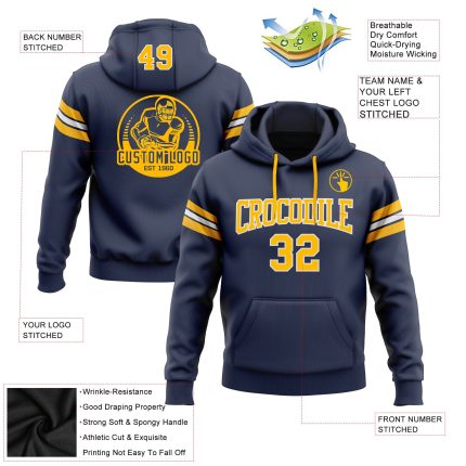 Navy Gold White Custom Stitched Football Hoodie Pullover Sweatshirt Custom Stitched Navy Gold-White Football Pullover Sweatshirt
