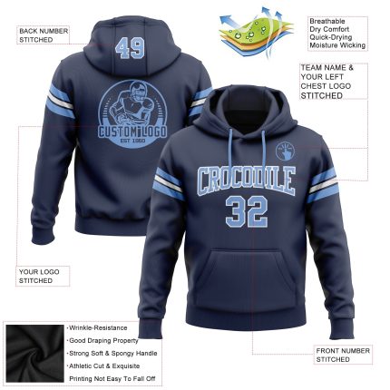 Navy Light Blue White Custom Stitched Football Hoodie Sweatshirt Pullover Custom Stitched Navy Light Blue-White Football