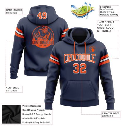 Navy Orange-White Custom Stitched Hoodie Pullover Sweatshirt for Football Fans Custom Stitched Navy Orange-White Football